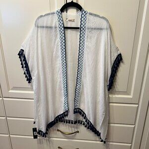 JANICE Sheer White Kimono‎ w/Navy Tassel Trim ONE SIZE (BRAND NEW w/TAGS!)